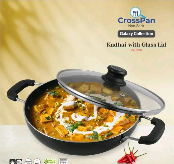 CROSS PAN  Non Stick Kadai With 3 Way Non Stick Coating 24Cm Induction And Gas Stove Compatible Aluminum Black Granite Finish