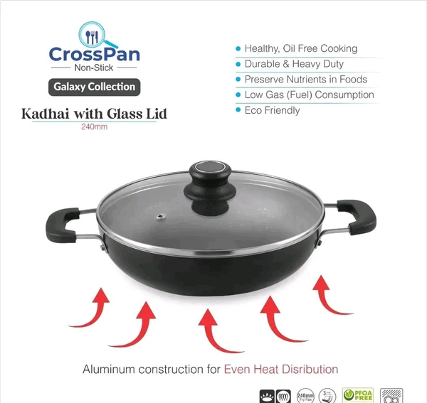 CROSS PAN  Non Stick Kadai With 3 Way Non Stick Coating 24Cm Induction And Gas Stove Compatible Aluminum Black Granite Finish