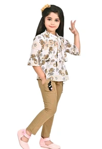 Sagun Dresses Pista Printed Beautiful Design Top and Trousers Set| Long Sleeve Top and Stretchable Bottom Set For Baby Girls, Kids - Raw Sienna, 2-3 Yr