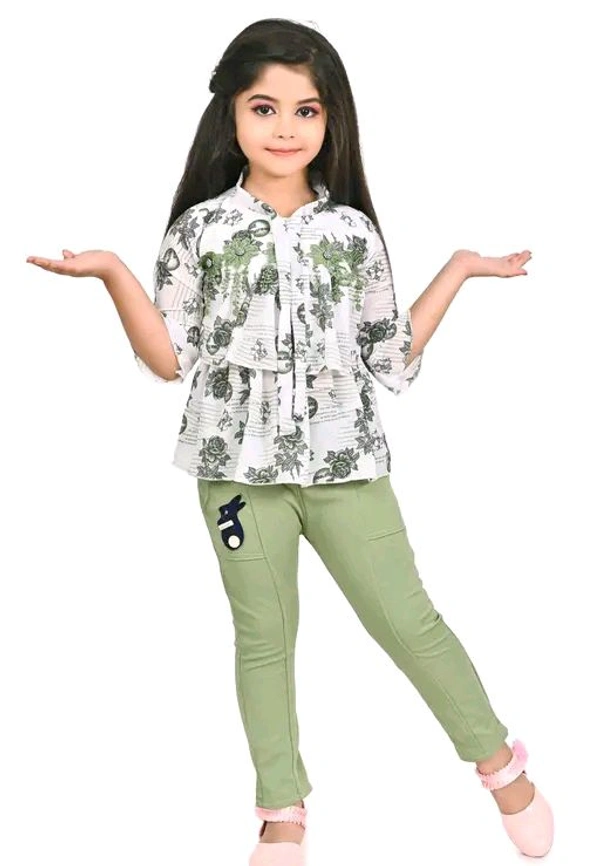 Sagun Dresses Pista Printed Beautiful Design Top and Trousers Set| Long Sleeve Top and Stretchable Bottom Set For Baby Girls, Kids - Snowy Mint, 5-6 Yr