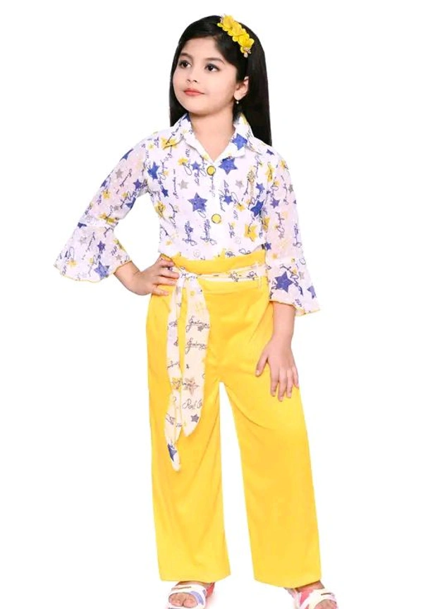 SAGUN DRESSES Chiffon Printed Top and Plazzo Top and Plazzo Sets for Kids' Perfect Party Look Dress - Yellow, 5-6 Yr