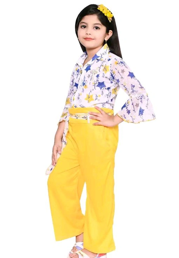 SAGUN DRESSES Chiffon Printed Top and Plazzo Top and Plazzo Sets for Kids' Perfect Party Look Dress - Yellow, 5-6 Yr