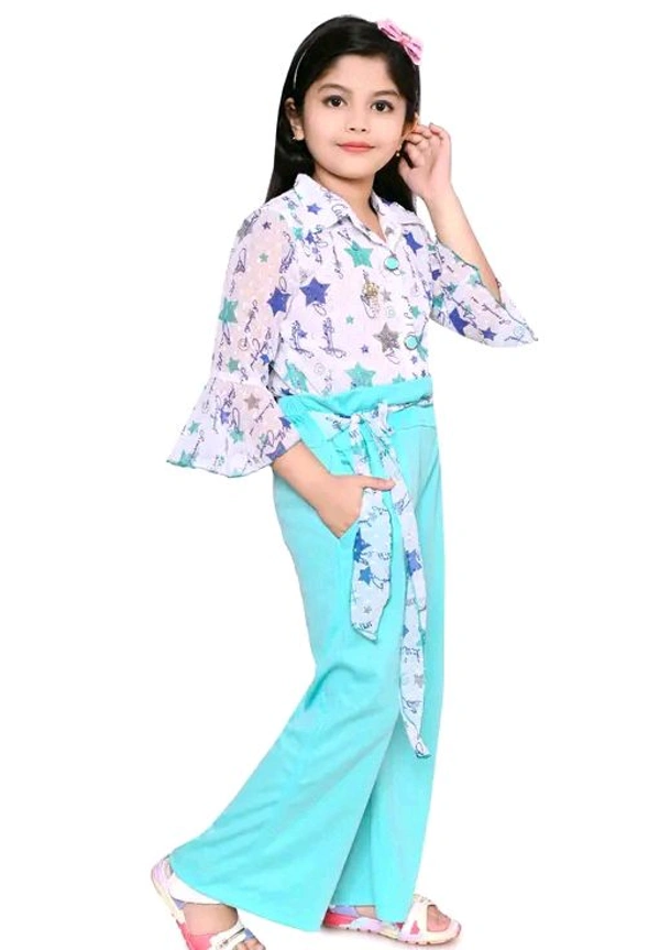 SAGUN DRESSES Chiffon Printed Top and Plazzo Top and Plazzo Sets for Kids' Perfect Party Look Dress - Green, 4-5 Yr
