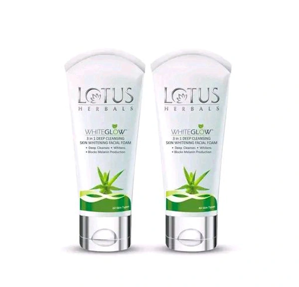 Lotus Herbals Whiteglow 3 In 1 Deep Cleaning Skin Whitening Facial Foam | Chemical Free | With Milk Enzymes & Aloe Vera Gel | For All Skin Types | 100g (Pack of 2)