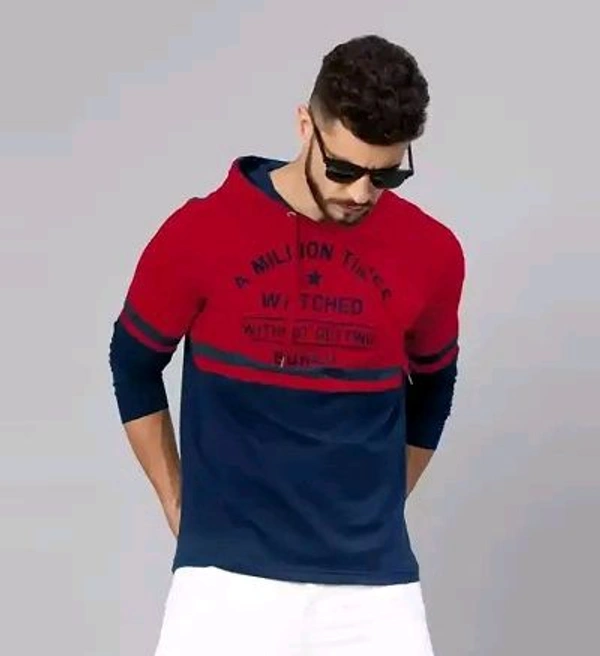 Trending Mens Full Sleeves Hooded T Shirt - Red, M