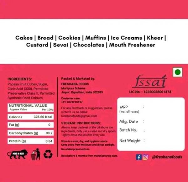 Freshana Tutti Frutti Papaya Cherry, Multicolour, 400g Topping, icing for Cakes, Breads Jelly Beans - 200g