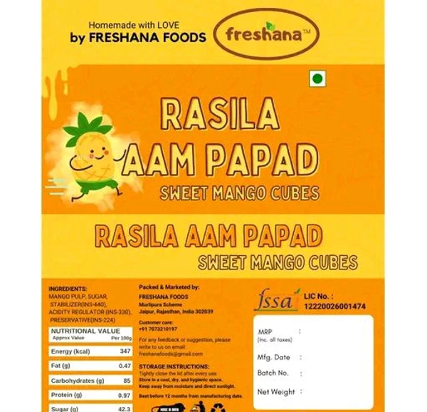 Freshana Rasila Aam Papad 200G Sweet Mango Cube Bites Khatta Meetha Mango Papad with More Pulp Than Sugar Mango Jelly Candy