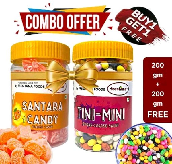 Freshana Combo of Santara Candy & Tini-Mini (200G+200G) Orange Narangi Toffee and Tinimini Flavoured Sugar Coated Saunf Mouth Freshener (Mukhwas)