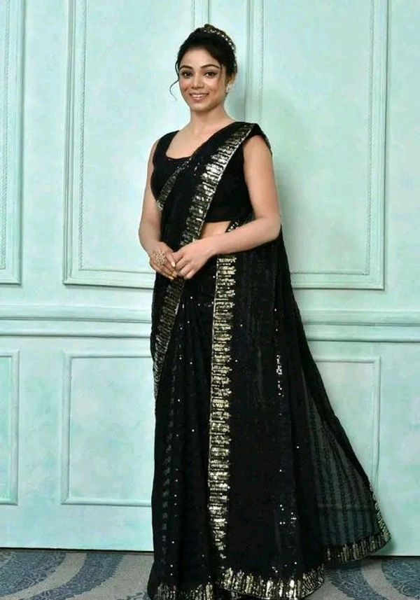 Georgette black full heavy sequence work party wear saree (Black) - Black