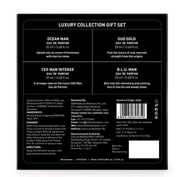 Bella Vita Men's Luxury Collection Gift Set 4x20 ml (CEO Man Intense,BLU Man,Ocean Man, OUD Gold) (Pack of 4)