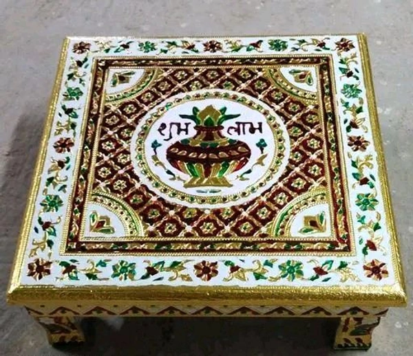 Handicraft Wooden Chowki Golden Meenakaari Flower 15/15 Inch - 15 Inch