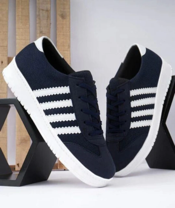 Men Lace-Up Sneakers With Faux Leather Upper - Navy Blue, 6