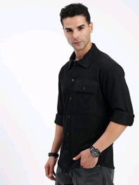 Men Regular Fit Solid Casual Shirt With Single Pocket - Black, M