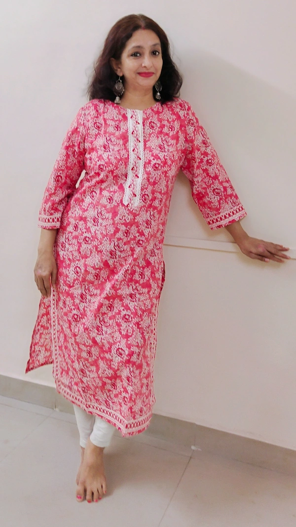 Pink White Floral Lace Kurta