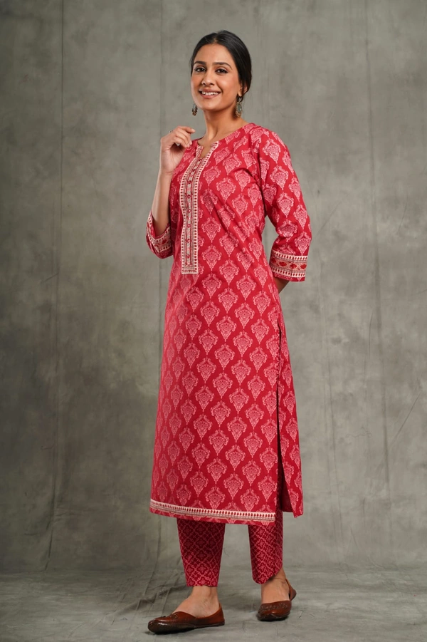 Crimson Red Block Print Kurta Pant Set