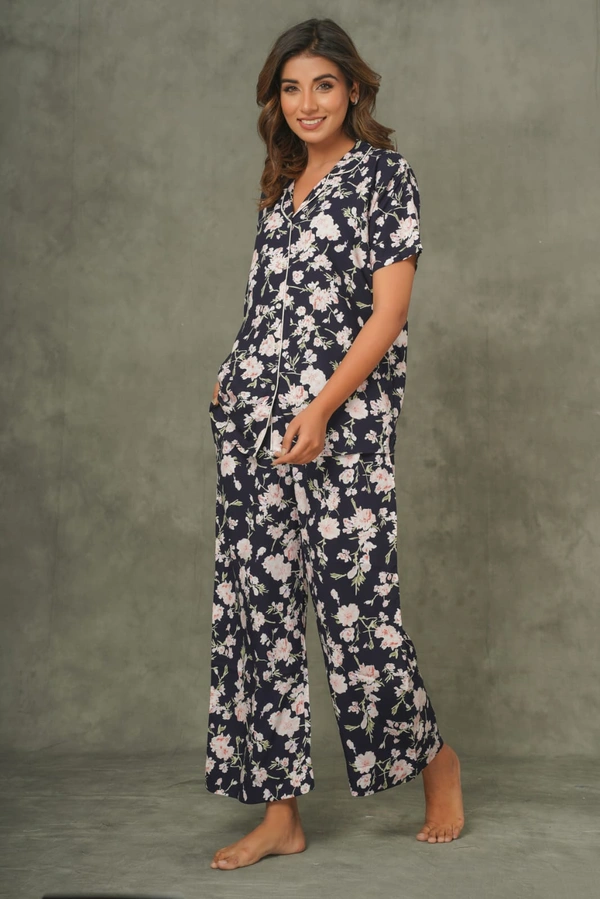 Dark Blue Pink Floral Night Suit Pallazo Pant