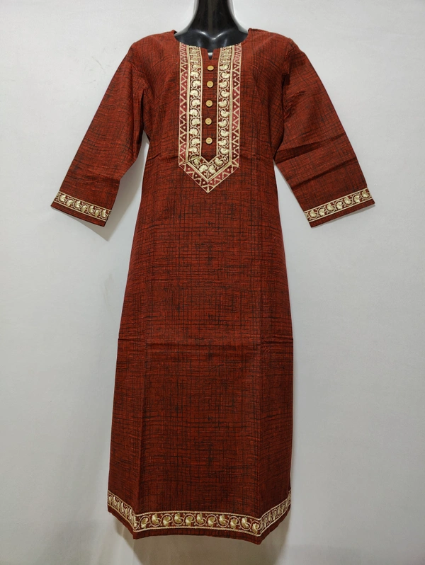 Dark Orange White Embroidery Pati Print Kurta
