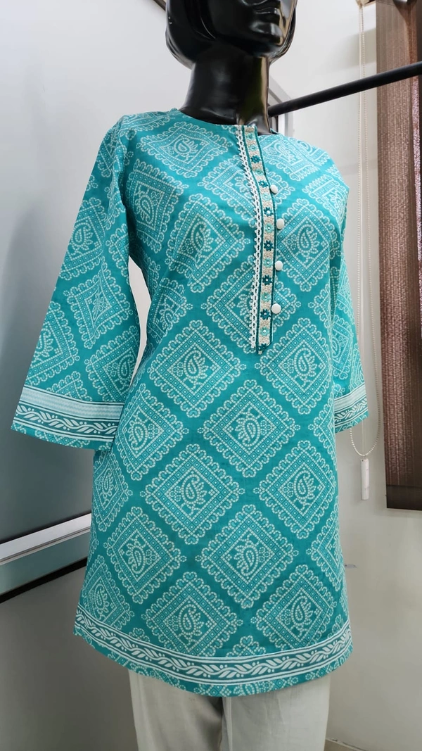 Ferozee Blue White Print Regular Kurti