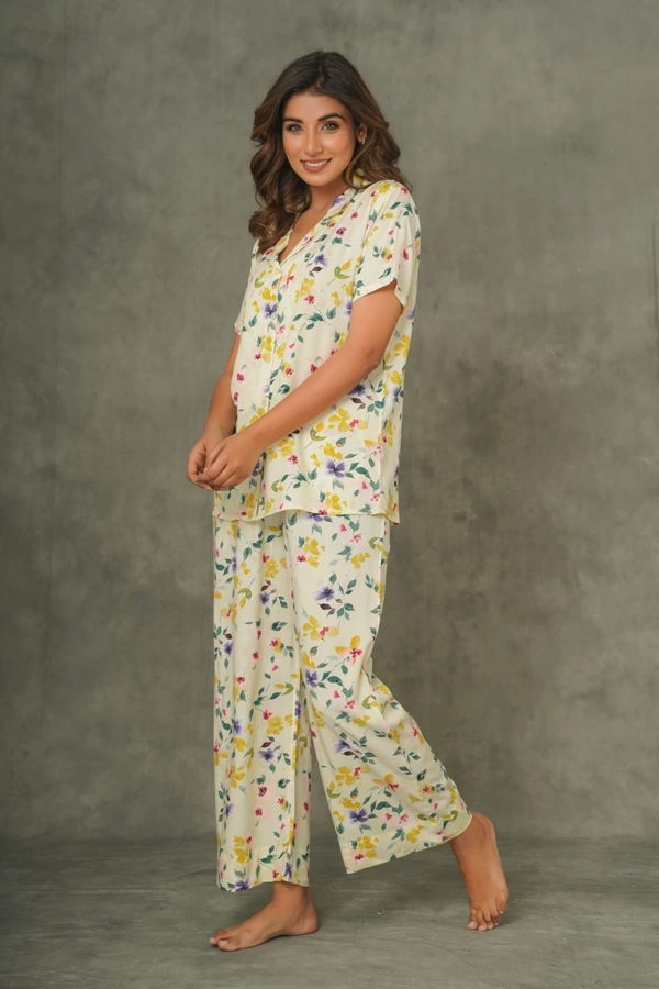Light Yellow Floral Pajama Night Suit Set