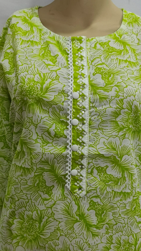 Lime Green White Print Lace Around Button Regular Kurti