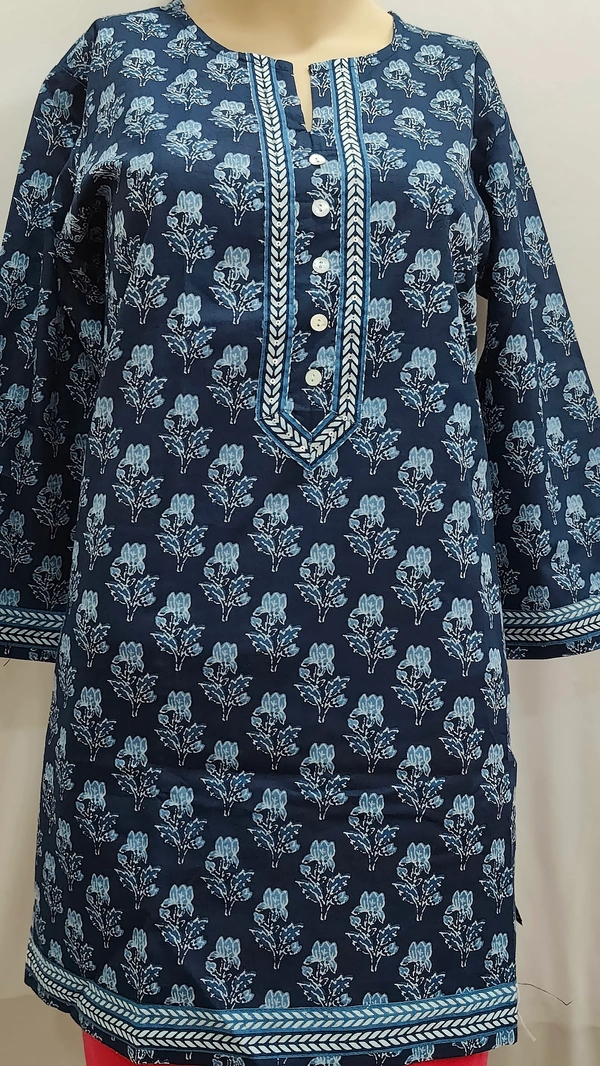 Navy Blue White Floral Regular Kurti