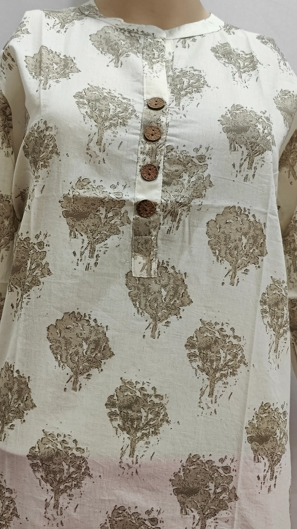 Off-White Grey Floral Chinese Collar Full Sleeves Regular Kurti