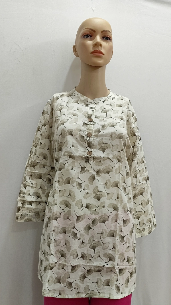 Off-White Grey Floral Print Chinese Collor Regular Kurti