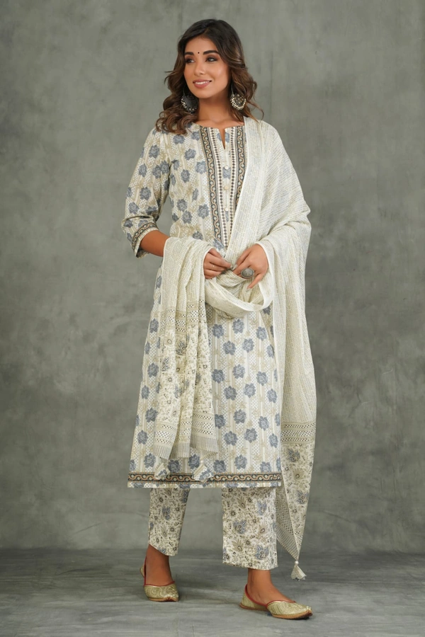 Off-White Grey Floral Print Suit Set Mulmul Dupatta