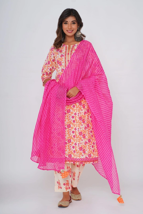 Off-White Pink Orange Print Suit Set With Lehariya Dupatta