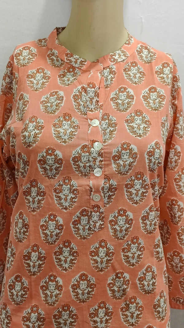 Peach White Print Chinese Collar Regular Kurti