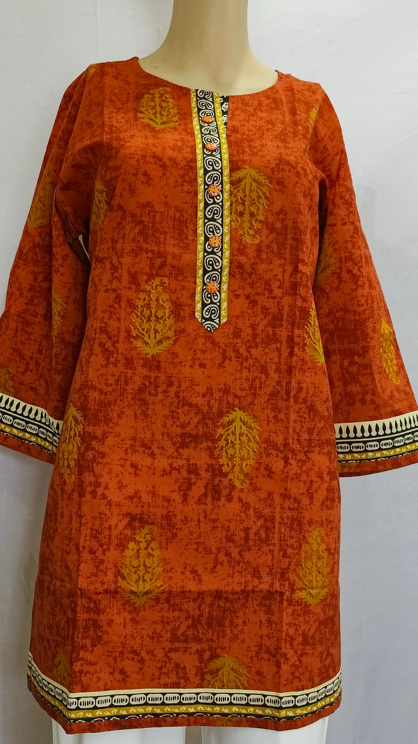 Rust Mustard Print Black Button Patti Regular Kurti