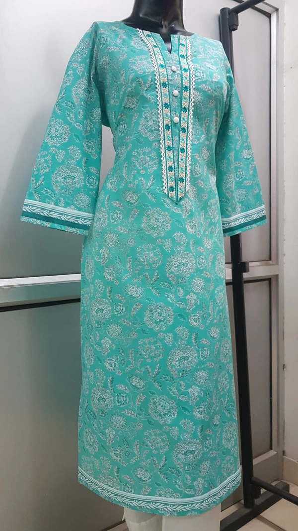 Sea Green White Flower Print Kurta