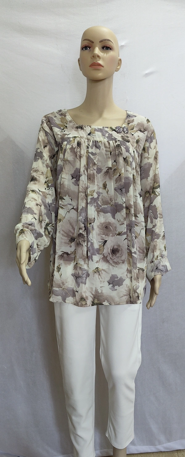 White Grey Print Indo Western Top Synthetic