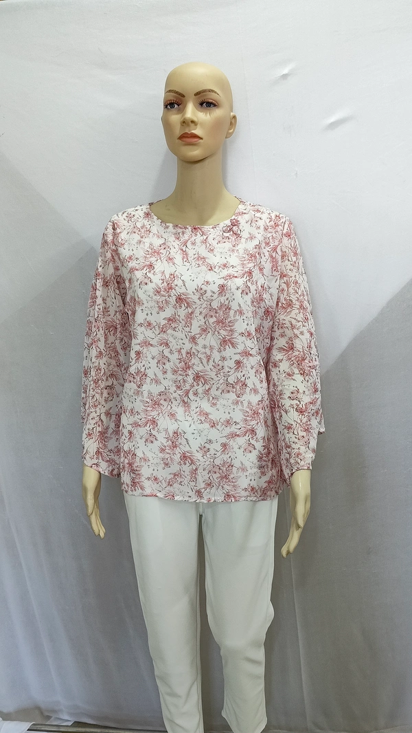 White Pink Floral Bell Sleeves Indo Western Top Synthetic