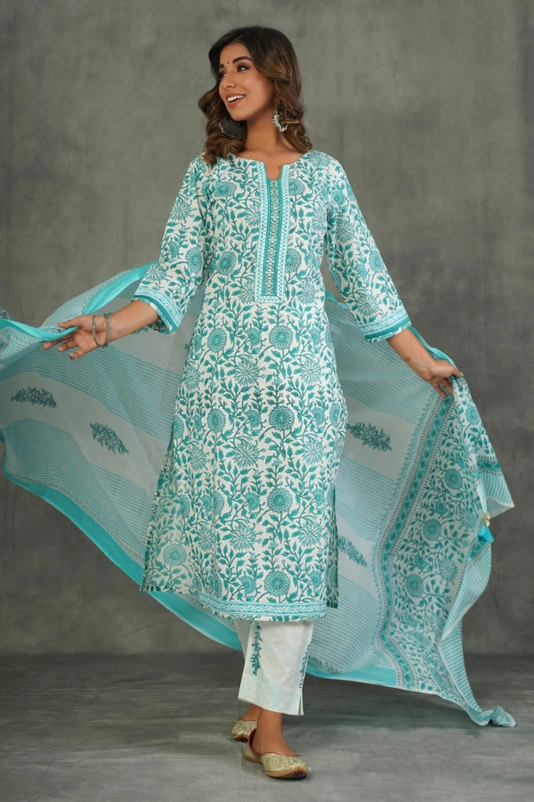White Rama Green Print Suit Set Mulmul Dupatta