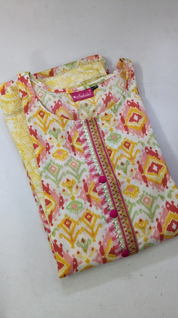 White Yellow Pink Print Gotta Patti Cotton Pant Set