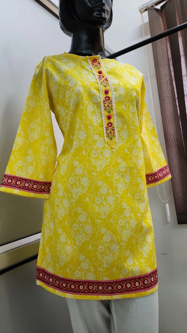 Yellow White Red Prind Regular Kurti
