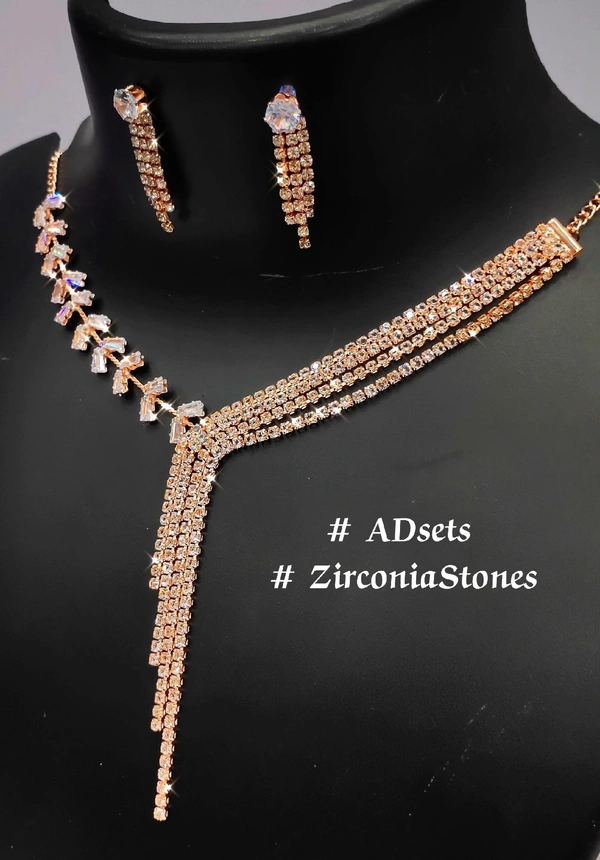 504 AD NECKLACE WITH EARRING SET ROSE 504 ROSE American Diamond 1piec  - Gold