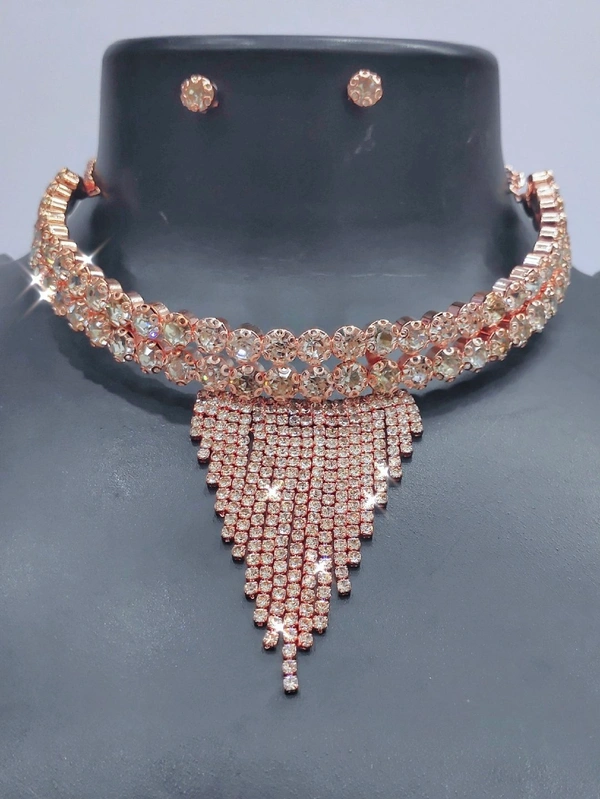 600 2LINE STONES NECKLACE SET ROSE SKU : 600 ROSE American Styling  - Silver, Free Size