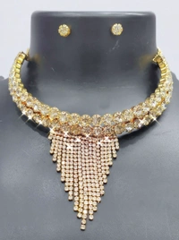 600 2LINE STONES NECKLACE SET ROSE SKU : 600 ROSE American Styling  - Silver, Free Size