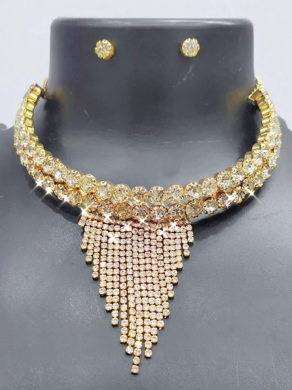 600 2LINE STONES NECKLACE SET ROSE SKU : 600 ROSE American Styling  - Silver, Free Size