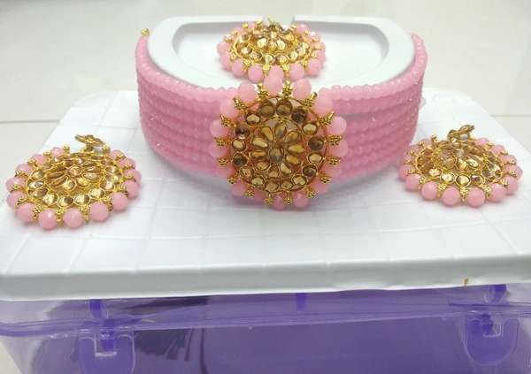 ASHWARYA  7 Line Choker Necklace Set with earring and mangtika mundi packing SKU : ASHWARYA  - Blue