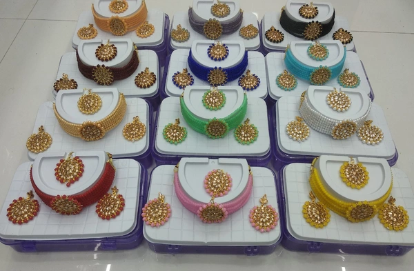 ASHWARYA  7 Line Choker Necklace Set with earring and mangtika mundi packing SKU : ASHWARYA  - Web Orange
