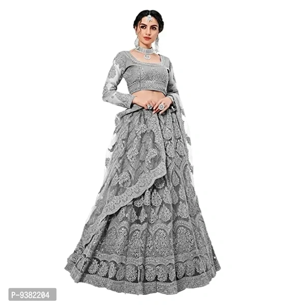 Dharnidhar Chain Embroderied With Stone Work Woman s Flared Semi Stitched Lehenga choli. (Grey)