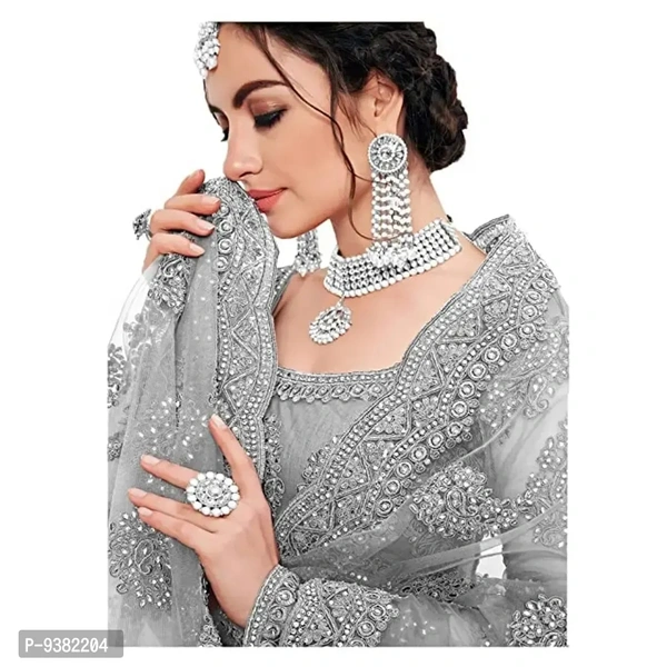 Dharnidhar Chain Embroderied With Stone Work Woman s Flared Semi Stitched Lehenga choli. (Grey)