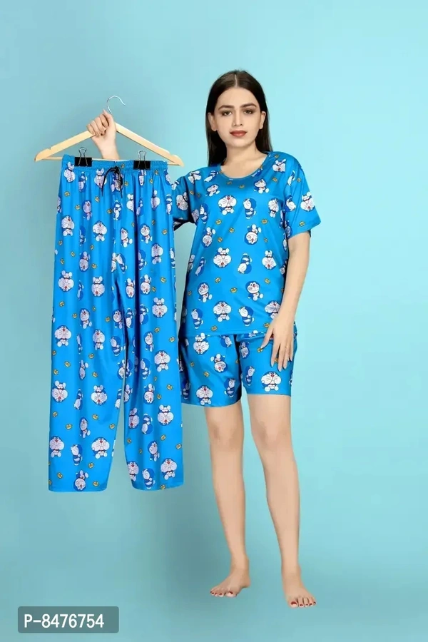 Nightsuits For Women Stylish Blue Polycotton Printed Lounge Top with Shorts And Bottom Set For Women - Cyan Aqua