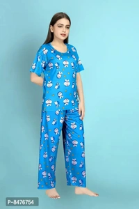 Nightsuits For Women Stylish Blue Polycotton Printed Lounge Top with Shorts And Bottom Set For Women - Cyan Aqua