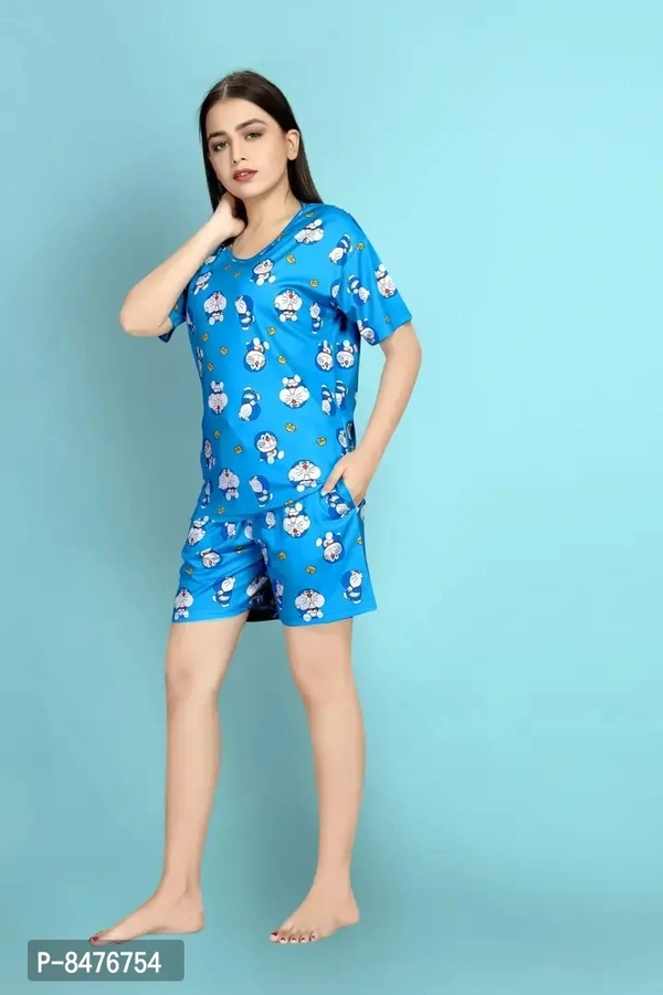 Nightsuits For Women Stylish Blue Polycotton Printed Lounge Top with Shorts And Bottom Set For Women - Cyan Aqua