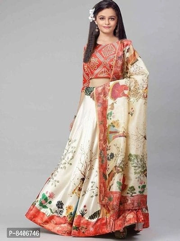 Classy Printed Satin Kids Lehenga Choli With Dupatta Set - 12-13 years
