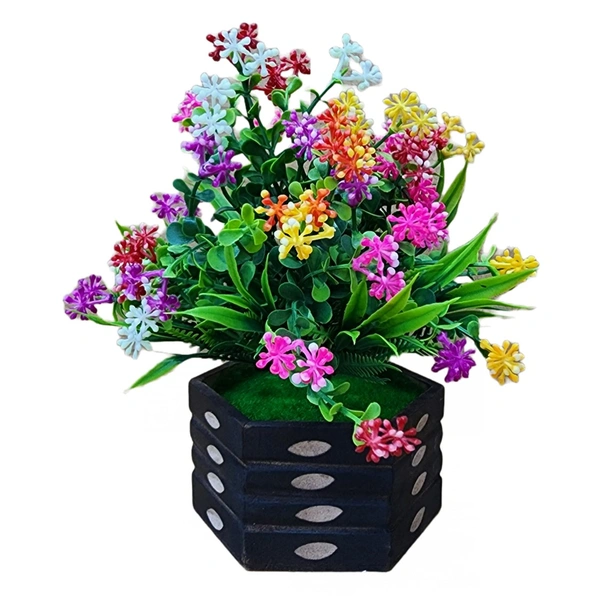 DVMARTÂ® Artifical Best Multicolor Flower  With Hexagon Wooden Pot  (17x25 CM)